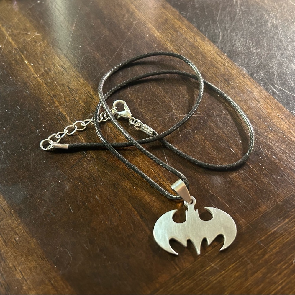 Batman necklace with faux leather cord